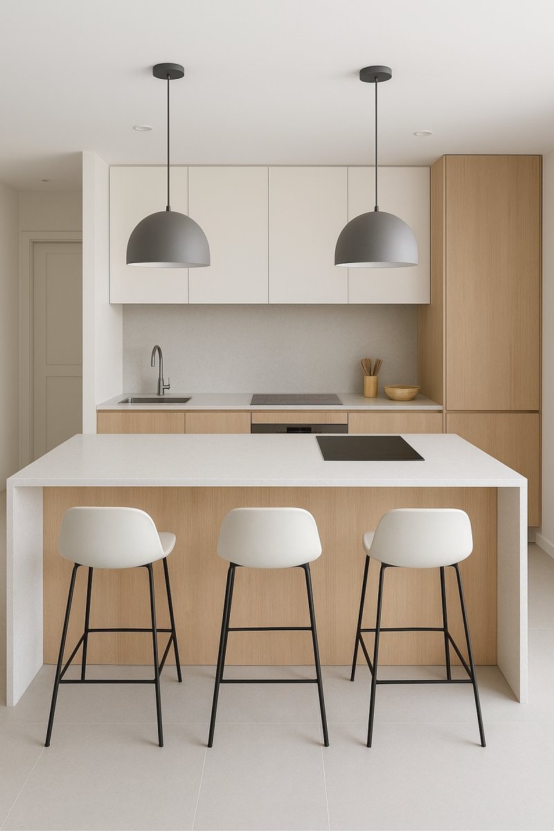 Cocina minimalista con isla central y acabados en cuarzo blanco.